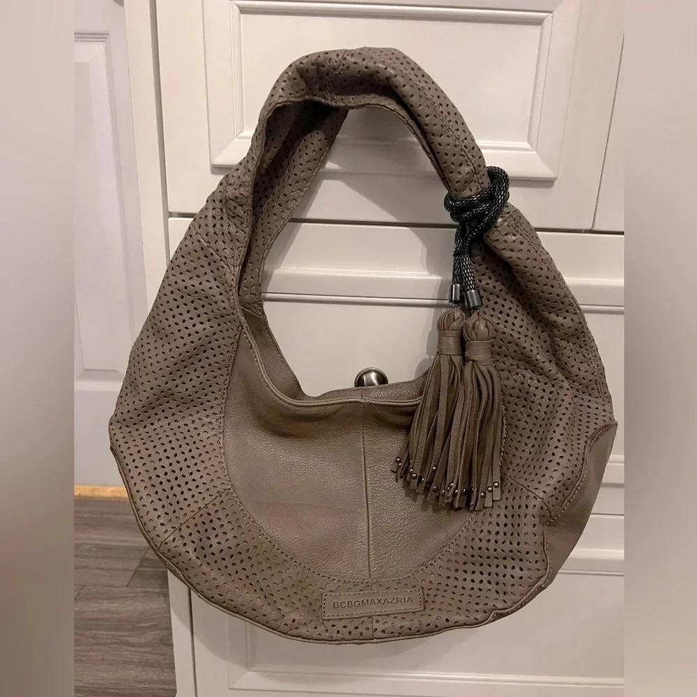 BCBG MAXAZRIA Faux Leather Grey Beige Shoulder Hobo Bag With Suede Fringe
